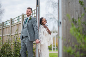 Bride and groom in the wedding garden