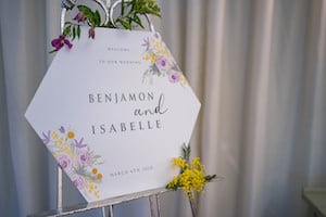 Whimsical hexagon table plan with purple and yellow ribbon